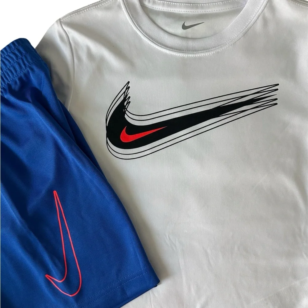 Nike Boys 2-Piece Dri-FIT Set Size 5 Blue Shorts White Logo Shirt Athletic NWT